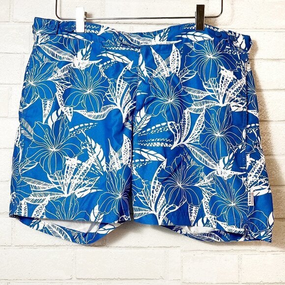 Ibiza Ocean Club Men's Swim Trunks Blue Aloha White Floral Hibiscus Size 34 - Picture 1 of 9